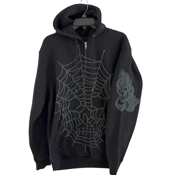 Lurking Class Men's Medium Gothic Streetwear Black Spider Web Graphic Zip Hoodie - Picture 9 of 16